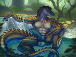 anthro balls genitals hot_spring knot male muscular penis scales smile solo spikes water jackneft crocodilian reptile scalie 4:3 absurd_res hi_res