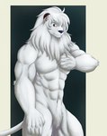 5_fingers abs anthro anthrofied biceps blue_nose brown_eyes dipstick_ears ear_markings featureless_crotch fingers fur hair looking_at_viewer male mane multicolored_ears muscular muscular_male nude pecs solo tail three-quarter_view whiskers white_body white_fur white_hair white_mane chibikoma kimba_the_white_lion osamu_tezuka kimba felid lion mammal pantherine 2023 digital_drawing_(artwork) digital_media_(artwork) hi_res portrait three-quarter_portrait