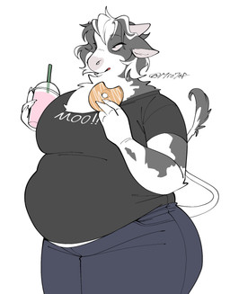 anthro beverage big_breasts black_body black_fur black_hair breasts clothed clothing dessert doughnut facial_piercing female food fur hair holding_beverage holding_doughnut holding_object horn kemono markings multicolored_hair nose_piercing overweight overweight_anthro overweight_female pastry piercing simple_background solo spots spotted_body spotted_fur tail thick_thighs white_body white_fur white_hair wide_hips mochimochiland bovid bovine cattle mammal hi_res signature
