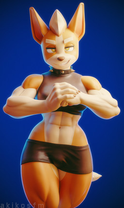 abs anthro bottomwear bra clothing collar cracking_knuckles female looking_at_viewer midriff muscular muscular_female navel shorts smug smug_face solo spiked_collar spikes underwear yellow_eyes akikosfm valorlynz_(modeler) dog_knight_rpg nix_(ceehaz) canid canine canis domestic_dog herding_dog mammal pastoral_dog welsh_corgi 3d_(artwork) absurd_res blender_(artwork) digital_media_(artwork) hi_res