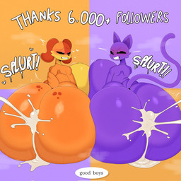 anthro belly big_belly big_butt bodily_fluids butt cum cum_in_ass cum_inside duo genital_fluids huge_belly huge_butt male male/male orange_body purple_body tail text lokbunny17 mob_entertainment poppy_playtime smiling_critters catnap_(poppy_playtime) dogday_(poppy_playtime) canid canine canis domestic_cat domestic_dog felid feline felis mammal english_text hi_res
