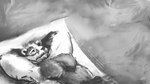 anthro barazoku bed_sheet bedding belly black_body black_fur brown_eyes fur grey_body grey_fur looking_at_another lying male muscular muscular_anthro muscular_male navel on_back overweight overweight_anthro overweight_male painterly pecs simple_background slightly_chubby slightly_chubby_anthro slightly_chubby_male solo key_rooki echo_(series) echo_project the_smoke_room nikolai_krol badger european_badger mammal meles mustelid musteline 16:9 greyscale hi_res monochrome widescreen