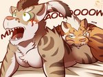 anthro bite countershading duo humor lying male male/male nom nude on_front screaming text ventkazemaru nekojishi studio_klondike lin_hu shu-chi felid feline leopard leopard_cat mammal pantherine prionailurus tiger 4:3