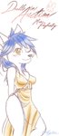 anthro bikini blue_hair blush clothing dress female fur hair one_eye_closed solo sundress swimwear two-piece_swimsuit white_body white_fur wink yellow_eyes ocerydia bad_guy_cafe mia_(smneff) arctic_fox canid canine fox mammal true_fox hi_res