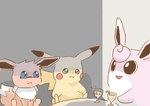2019 blue_eyes brown_body container cup drinking_glass drinking_straw eevee generation_1_pokemon get_it_go glass glass_container glass_cup neck_tuft nintendo open_mouth pikachu pink_body pokemon pokemon_(species) red_cheeks scared sitting smile tuft wigglytuff wine_glass yellow_body