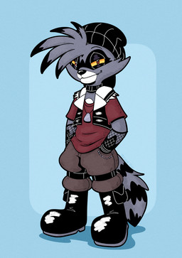 ambiguous_gender anthro beanie biped boots bottomwear clothing collar footwear fur grey_body grey_fur hands_in_both_pockets hat headgear headwear jacket pants red_eyes shirt shoes smile smiling_at_viewer smirk smirking_at_viewer snaggle_tooth solo standing topwear yellow_sclera trevor-fox mammal procyonid raccoon hi_res