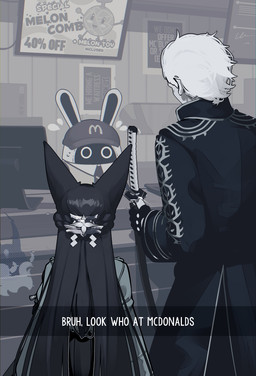 ambiguous_anthro ambiguous_gender anthro black_hair clothing coat emanata female female_humanoid fingerless_gloves gloves group hair handwear hat headgear headwear holding_katana holding_melee_weapon holding_object holding_sword holding_weapon inside katana long_hair looking_at_another machine male male_human melee_weapon scabbard short_hair surprised sword text topwear trio weapon white_hair sachiko2s capcom devil_may_cry mcdonald's mihoyo zenless_zone_zero hoshimi_miyabi tailless_(zenless_zone_zero) vergil_(devil_may_cry) animal_humanoid bangboo canid canid_humanoid canine canine_humanoid fox_humanoid human humanoid mammal mammal_humanoid robot thiren crossover digital_drawing_(artwork) digital_media_(artwork) english_text greyscale hi_res monochrome