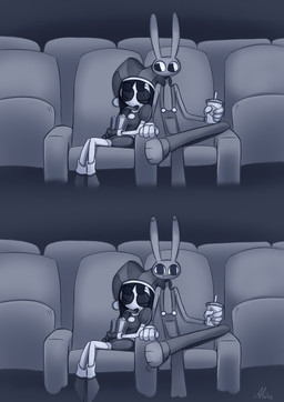 4_fingers anthro big_pupils blush container crossed_legs cup dilated_pupils disposable_cup duo ear_blush eyes_closed female fingers flustered food looking_at_another looking_at_partner male motion_lines mouthless movie_theater popcorn pupils sleeping watching_movie screaming_alice glitch_productions the_amazing_digital_circus jax_(tadc) pomni_(tadc) humanoid lagomorph leporid mammal rabbit absurd_res hi_res