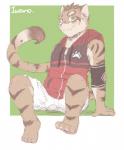 4_toes blush bottomwear clothing countershading feet green_eyes male pawpads pink_pawpads shorts simple_background sleeveless_hoodie stripes toes iwano.kal_(artist) nekojishi studio_klondike shu-chi felid feline leopard_cat mammal prionailurus signature