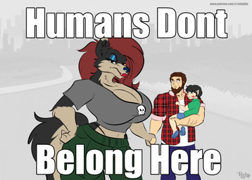 ambiguous_gender anthro big_breasts biped blue_eyeshadow bone bottomwear breasts city city_background clothed clothed_anthro clothed_female clothed_human clothed_humanoid clothed_male clothing eye_roll eyelashes eyes_mostly_closed eyeshadow female female_anthro female_on_human flannel_shirt front_view fully_clothed fully_clothed_anthro fully_clothed_female fully_clothed_human fully_clothed_humanoid fully_clothed_male fur glistening_eyelids green_bottomwear green_clothing green_pants grey_body grey_clothing grey_fur grey_shirt grey_topwear group hair hand_holding huge_breasts human_on_anthro hypocrite interspecies larger_anthro long_eyelashes long_hair looking_at_another looking_at_viewer makeup male male/female male_human male_on_anthro midriff narrowed_eyes navel pants pose racism red_hair shirt size_difference skull speciesism standing tail tan_body tan_fur text thong_straps topwear trio tuft unimpressed wide_hips young young_ambiguous young_humanoid rubykila canid canine human humanoid hybrid mammal 2026 artist_name colored english_text hi_res meme shaded url father_(lore) father_and_child_(lore) mother_(lore) mother_and_child_(lore) parent_(lore) parent_and_child_(lore)