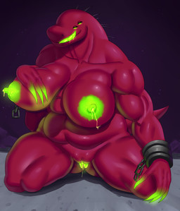 4_eyes anthro bedroom_eyes big_breasts bodily_fluids bound breast_milking breasts chain chained colored_lactation cuff_(restraint) empty_eyes eyelashes female genital_fluids genitals glowing glowing_eyes green_eyes green_nipples green_tongue half-closed_eyes huge_breasts kneeling lactating looking_at_viewer multi_eye muscular muscular_female narrowed_eyes nipples non-mammal_breasts non-mammal_lactation non-mammal_nipples nude red_body restraints saliva science_fiction seductive shackles short_tail smile solo spikes submissive submissive_female tail thick_thighs tongue tongue_out unusual_bodily_fluids unusual_lactation vaginal_fluids vulva wide_hips goldcrustedchicken risk_of_rain acrid_(risk_of_rain) alien reptile scalie absurd_res hi_res