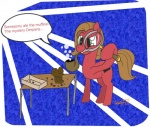 box brown_hair bubble container cutie_mark dessert female feral food furniture green_eyes hair humor magnifying_glass muffin pastry pie pipe quadruped smoking_pipe solo table tail text unknown_artist ask_pun hasbro my_little_pony tumblr fan_character pun_pony earth_pony equid equine horse mammal pony 2012 english_text