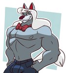 anthro big_muscles blue_body blue_fur bottomwear bow_tie bulge clothed clothing denim denim_bottomwear denim_clothing eyebrows fur hair jeans long_hair looking_away male muscular navel nipples pants pecs raised_eyebrow simple_background smile solo topless white_hair cartoonjunkie animaniacs mythology warner_brothers wilford_wolf canid canine canis mammal mythological_canine mythological_creature werecanid werecanine werecreature werewolf wolf 2011