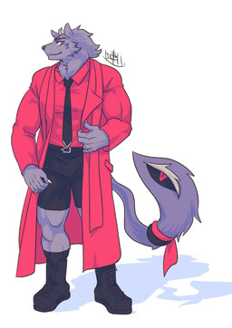 accessory anthro belt boots bottomwear clothing coat fluffy fluffy_tail footwear fur horn living_tail male necktie purple_body purple_fur shirt shoes shorts solo tail topwear trenchcoat unusual_anatomy unusual_tail zinpatink_m zinpatink_s lifewonders tokyo_afterschool_summoners bathym_(tas) canid canine canis demon mammal wolf