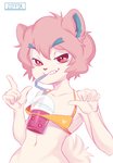 anthro beverage blue_body blue_eyebrows blue_fur bubble_tea challenge_accepted clothing clothing_aside drinking eyebrows femboy finger_gun fingers fur gesture hair hand_gesture heart_symbol inner_ear_fluff looking_at_viewer male pink_body pink_fur pink_hair red_eyes simple_background solo swimwear swimwear_aside teeth tuft white_background ziffir hands-free_bubble_tea ziffir_(character) canid canine canis domestic_dog mammal pomeranian spitz meme