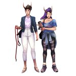 2_horns bottomwear clothed clothing coffee_cup collar container cup duo female footwear fully_clothed hair horn jacket leash leashed_collar not_furry pants shirt shoes topwear john_mcdevitt drawfee_(copyright) drawtectives harper_justice lotta_justice horned_humanoid humanoid 1:1 hi_res