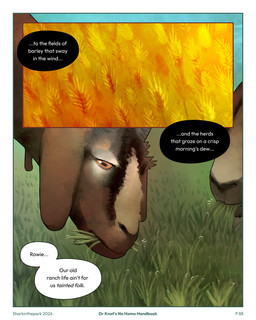 ambiguous_gender border conjoined_speech_bubble dewlap_(anatomy) dialogue droplets eating feral field field_(agriculture) grass grazing horizontal_pupils offscreen_character orange_eyes plant pupils speech_bubble text white_border sharkinthepark bovid caprine goat mammal 2026 4:5 absurd_res comic english_text hi_res