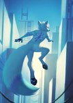 anthro black_nose black_pawpads blue_eyes blue_markings blue_sky butt fingerpads fur male markings mouth_closed nude outside pawpads purple_markings rear_view sky solo striped_arms white_body white_fur mylafox canid canine mammal hi_res