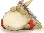 3_toes 5_fingers ambiguous_gender anthro belly belly_folds belly_overhang big_belly big_tail blush bodily_fluids bottomwear brown_body brown_fur burger chubby_face clothing eating feet fingers food fur hair hat headgear headwear immobile long_hair morbidly_obese morbidly_obese_anthro navel obese obese_ambiguous obese_anthro open_mouth oversized_bottomwear oversized_clothing oversized_pants overweight overweight_ambiguous overweight_anthro pants rabbit_ears sitting solo sweat tail thick_tail toes white_hair wide_hips yellow_eyes lai0n made_in_abyss nanachi lagomorph leporid mammal narehate rabbit oil_painting_(artwork) painting_(artwork) traditional_media_(artwork) traditional_painting_(artwork)