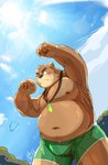 anthro belly big_belly blush bottomwear brown_body bulge clothing humanoid_hands kemono male moobs nipples outside overweight overweight_male shorts solo sun tengzai05 lifewonders tokyo_afterschool_summoners volos_(tas) bear mammal 2023 hi_res