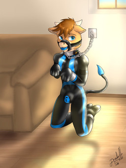anthro bdsm bondage bound bulge chain chained clothing collar latex latex_clothing latex_skinsuit lock_bulge male petplay puppyplay roleplay shock_collar skinsuit slave solo tight_clothing drakethefox orthank bovid bovine mammal 3:4 hi_res