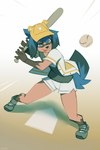 anthro ball baseball_(ball) baseball_bat baseball_cap bat_(object) bottomwear clothing dolphin_shorts female hat headgear headwear shorts solo tongue tongue_out miles_df brand_new_animal studio_trigger michiru_kagemori canid canine mammal raccoon_dog tanuki