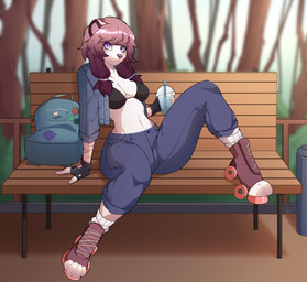 anthro arm_support backpack bench beverage black_bra black_clothing black_underwear blue_bottomwear blue_clothing blue_pants bottomwear bra breasts bubble_tea clothed clothing digitigrade digitigrade_footwear female footwear furgonomic_footwear furgonomics gloves hair handwear holding_beverage holding_object jacket long_hair navel on_bench open_clothing open_jacket open_topwear outside pants park_bench plant public purple_eyes quad_skates roller_skates sitting sitting_on_bench solo topwear trash_can tree underwear mojaloo mammal absurd_res digital_media_(artwork) hi_res shaded signature