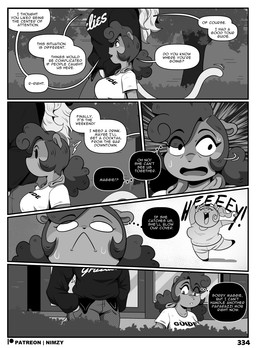anthro border bottomwear breasts clothed clothing detailed_background dialogue duo female hair male open_mouth outside pupils side_view size_difference speech_bubble text topwear white_border nimzy maggie_(nimzy) noms_(nimzy) tobi_(nimzy) cricetid felid hamster mammal pantherine rodent comic english_text hi_res monochrome
