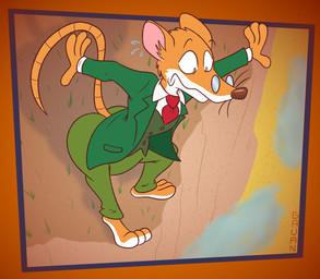 anthro bent_over bodily_fluids brown_nose butt cliff clothing cloud desert eyewear fur glasses grass green_clothing green_suit high_up male multicolored_body multicolored_fur necktie orange_body orange_fur outstretched_arm plant red_necktie shadow solo suit surprised sweat toony two_tone_body two_tone_fur white_body white_fur worried gavanzude geronimo_stilton_(series) geronimo_stilton mammal murid murine rat rodent alternate_version_at_paywall digital_drawing_(artwork) digital_media_(artwork) hi_res signature