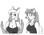 anthro bragging breasts clothed clothing duo eyeliner eyeshadow female hair long_hair looking_at_another makeup open_mouth shocked herro dripdry canid canine canis jackal mammal 2023 black_and_white digital_media_(artwork) hi_res monochrome