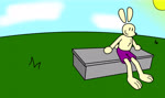 anthro big_feet bottomwear buckteeth chest_tuft clothing feet floating_ears happy looking_at_viewer male purple_clothing shorts simple_coloring simple_eyes simple_face sitting solo surprised_expression swinging_legs tail tail_motion tailwag teeth tuft swift_bristle jay_jay_the_lucky_rabbit jason_burrow lagomorph leporid mammal rabbit absurd_res animated hi_res no_sound short_playtime webm