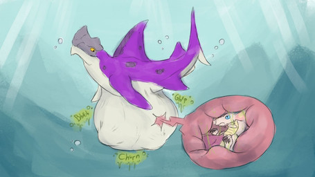 ambiguous_gender belly big_belly blue_eyes bubble duo feral feral_pred feral_prey grey_head inside_stomach internal purple_body purple_fin purple_tail rumbling_stomach tail text underwater vore water white_body yellow_eyes akaikosh aquatic fish shark 16:9 2017 english_text widescreen
