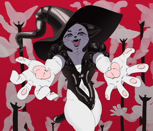 ambiguous_gender anthro clothing hat headgear headwear liquid male navel ominous_background solo witch_costume witch_hat dump_the_gallery piekot_(dump_the_gallery) domestic_cat felid feline felis mammal absurd_res hi_res