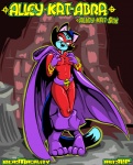 anthro belt breast_fondling breast_play breasts cape clothed clothing female fondling fully_clothed green_eyes hand_on_breast latex nipple_outline smile solo superhero tail text tight_clothing r!p alley-kat-abra domestic_cat felid feline felis mammal digital_media_(artwork) english_text