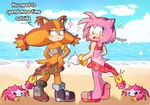 afrosoricid amy_rose anthro assisted_exposure badger beach butt clothing coppertone_(sunscreen) coppertone_pose dialogue duo embarrassed eulipotyphlan featureless_ass female female/female hedgehog hi_res mammal manysart1 midriff mustelid musteline pantsing proud sega sonic_boom sonic_the_hedgehog_(series) sticks_the_jungle_badger suntan tan_line thin_calves thin_legs thin_thighs wardrobe_malfunction watermark