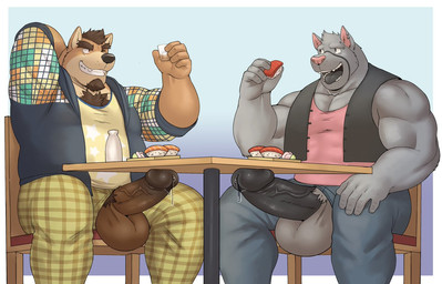 alcohol anthro anthro_on_anthro balls beard beverage biceps big_balls big_penis biped bodily_fluids body_hair bottle chest_hair chest_tuft clothed clothing container dripping duo eating erection facial_hair food fully_clothed fur furniture genital_fluids genitals glass grin hair humanoid_genitalia humanoid_penis looking_back male musclegut muscular muscular_anthro muscular_male one_eye_closed open_mouth pecs penis penis_poking_out penis_through_fly precum precum_string pubes sake sharp_teeth simple_background sitting slightly_chubby smile snout stocky sushi table teeth thick_penis thick_thighs tongue tuft under_table vein veiny_penis wink adios butch_(cursedmarked) waffle_(ashwaffles) canid canine canis domestic_dog mammal wolf digital_media_(artwork)