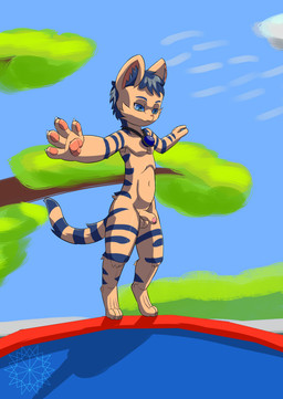 3_toes 4_fingers anthro balls feet fingers foreskin genitals male paws penis solo striped_body stripes toes young lewdkitten069 entro'pi felid mammal absurd_res hi_res