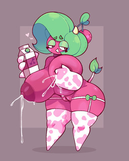 1_horn 4_fingers after_masturbation after_orgasm animal_print animal_print_thigh_highs areola balls belly big_areola big_breasts blue_eyes bodily_fluids bow_ribbon breast_squish breasts butt clothing container cow_print cow_print_thigh_highs curvy_figure dairy_products eyebrow_through_hair eyebrow_through_pseudo_hair eyebrows eyeliner eyeshadow female fingers food fruit genitals glistening glistening_areola glistening_body glistening_breasts glistening_butt glistening_genitalia glistening_nipples glistening_pseudo_hair glistening_skin glistening_thighs glistening_vulva green_bow green_eyeshadow green_pseudo_hair hair half-closed_eyes hand_on_breast hand_on_nipples heart_symbol holding_object horn huge_areola huge_breasts hyper hyper_breasts lactating leaf leaf_hair leaf_tail leaking_milk legwear light makeup milk milk_carton milk_container narrowed_eyes navel nipple_fetish nipple_pinch nipple_play nipples open_mouth open_smile pattern_clothing pattern_legwear pattern_thigh_highs pinch pink_areola pink_nipples pink_stockings plant plant_hair pseudo_hair pupils simple_eyes simple_face smile solo squish standing stockings tail tail_tuft text thigh_highs translucent translucent_hair tuft voluptuous_female vulva white_clothing white_legwear white_pupils white_sclera white_stockings wide_hips dozighost cheryl_(dozighost) elemental_creature elemental_humanoid flora_fauna food_creature humanoid living_fruit plant_humanoid 2024 artist_name colored digital_drawing_(artwork) digital_media_(artwork) english_text full-length_portrait lighting portrait shaded