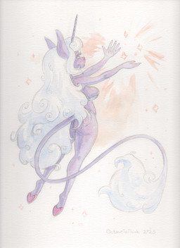 anthro bangs blush body_blush breasts butt butt_blush clothing curly_hair female floating hair hooves horn long_hair long_nails long_tail magic pose purple_body raised_arms solo sparkles tail thong underwear unicorn_horn white_hair conditional_dnp octavetothink mythology classical_unicorn equid equine mammal mythological_creature mythological_equine unicorn 2025 absurd_res gouache_(artwork) hi_res painting_(artwork) pinup traditional_media_(artwork) traditional_painting_(artwork) watercolor_(artwork)