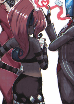 ambiguous_gender cellphone clothed clothing electronics exclamation_point female flatscreen for_a_head group hair heart_symbol humanoid_pointy_ears long_hair male multi_arm multi_limb not_furry phone pointy_ears ponytail red_hair screen screen_face simple_background smartphone smile smoke speech_bubble teeth television topwear trio blackberreh hazbin_hotel hellaverse carmilla_carmine valentino_(hazbin_hotel) velvette_(hazbin_hotel) vox_(hazbin_hotel) demon demon_humanoid humanoid mammal object_head screen_head tv_head digital_media_(artwork) hi_res