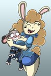 anthro big_breasts blush bottomwear breasts clothed clothing duo eyes_closed female female/female fur grey_body grey_fur hair police police_uniform size_difference skirt topwear uniform shinragod disney nickelodeon t.u.f.f._puppy zootopia judy_hopps secretary_tammy lagomorph leporid mammal rabbit 2016 crossover digital_media_(artwork) hi_res