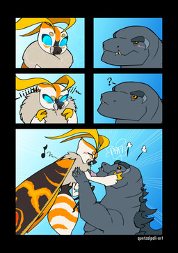 antennae_(anatomy) blue_eyes blush duo fangs female fur male multi_limb musical_note musical_symbol neck_tuft orange_eyes question_mark sound_effects spikes symbol teeth text tuft wings quetzalpali godzilla_(series) monsterverse mothra_(series) toho godzilla godzilla_(2014) mothra arthropod insect kaiju lepidopteran monster moth reptile scalie absurd_res digital_media_(artwork) hi_res