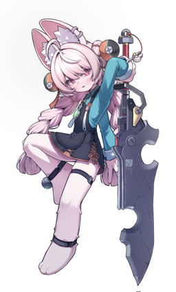 3_toes ahoge anklet anthro barefoot big_sword braided_pigtails clothed clothed_anthro clothed_female clothing dress ear_piercing ear_ring feet female flat_chested fully_clothed fully_clothed_anthro fully_clothed_female fur hair holding_melee_weapon holding_object holding_sword holding_weapon inner_ear_fluff jewelry melee_weapon paws piercing pink_body pink_fur pink_hair red_eyes ring_piercing simple_background sword toes tuft weapon white_background byeolgeule38166 mihoyo zenless_zone_zero zhao_(zenless_zone_zero) lagomorph leporid mammal rabbit thiren 2026 full-length_portrait hi_res portrait