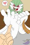 5_toes barefoot blush duo feathers feet female foot_fetish foot_focus green_hair hair heart_symbol interspecies pokephilia red_eyes soles speech_bubble tickling toes sorcererlance nintendo pokemon gardevoir generation_3_pokemon human mammal pokemon_(species) 2016 hi_res pictographics