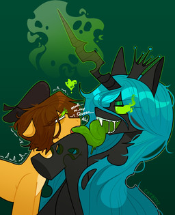 anthro beret black_body black_fur blue_hair bodily_fluids brown_hair clothing crown duo extreme_french_kiss fangs female female/female french_kissing fur green_eyes hair hat headgear headwear horn hypnosis hypnotic_eyes kissing long_tongue mind_control open_mouth saliva simple_background smile teeth text tongue tongue_down_throat tongue_out yellow_body yellow_fur catboyz friendship_is_magic hasbro my_little_pony queen_chrysalis_(mlp) changeling_(mlp) equid equine horse mammal pony digital_media_(artwork) english_text hi_res