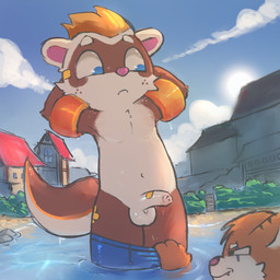 anthro assisted_exposure balls band-aid bandage beach biped blue_eyes brown_body brown_fur building cartoon_freckles clothing cloud countershading day detailed_background duo foreskin freckled_face freckled_legs freckled_shoulders freckled_tail freckled_thighs freckles fur genitals grey_body grey_countershading humanoid_genitalia humanoid_penis inflatable_armbands male male/male motion_lines outside pantsing partially_submerged penis plant rock sand shadow shrub sky standing standing_in_water sun swimming_trunks swimming_trunks_down swimwear tail unretracted_foreskin water wet wet_body wet_fur young young_anthro young_male badipoki float_(badipoki) sharik_(badipoki) domestic_ferret felid mammal mustelid musteline pantherine tiger true_musteline weasel 1:1 absurd_res digital_media_(artwork) digital_painting_(artwork) hi_res painting_(artwork) adult_(lore)