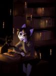 anthro black_body black_fur book clothed clothing detailed_background duo eyes_closed female feral fur heterochromia hogwarts ravenclaw sitting rayley harry_potter_(series) domestic_cat felid feline felis mammal 2016 digital_media_(artwork) hi_res