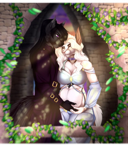 anthro belly big_belly big_breasts black_body black_fur bottomwear breasts clothed clothing collar duo early_pregnancy eyes_closed female fur hair long_hair male male/female master pregnant purple_eyes romantic romantic_ambiance romantic_couple white_body white_fur alisa-walker dusk_sarsis canid canine canis fox mammal absurd_res digital_media_(artwork) hi_res