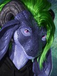 anthro black_clothing black_hoodie black_topwear blue_eyes clothed clothing front_view glistening glistening_eyes green_hair hair hoodie horn looking_at_viewer mouth_closed purple_body purple_scales scales simple_background solo topwear khyaber scalie bust_portrait detailed hi_res portrait