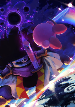 1_eye ambiguous_gender biped black_body blush blush_stickers cloud detailed_background determined duo dutch_angle electricity eye_contact fight floating hair holding_melee_weapon holding_object holding_sword holding_weapon levitation looking_at_another magic melee_weapon night not_furry pink_body rainbow rainbow_sword_(kirby) red_body reflection sea size_difference spiky_hair sunrise sword three-quarter_view visor water weapon suyasuyabi427 kirby's_dream_land_2 kirby_(series) nintendo dark_matter_swordsman kirby dark_matter_(kirby) humanoid waddling_head 2022 absurd_res hi_res signature